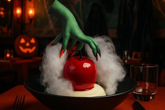Image shows a green hand reaching over the Ivy's Emerald City Apple dessert, there are pumpkins in the background.